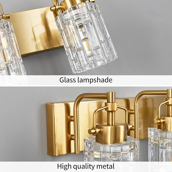 Modern 4-Light Vanity Light with Crystal Glass Shade - Gold Bathroom Light Fixture