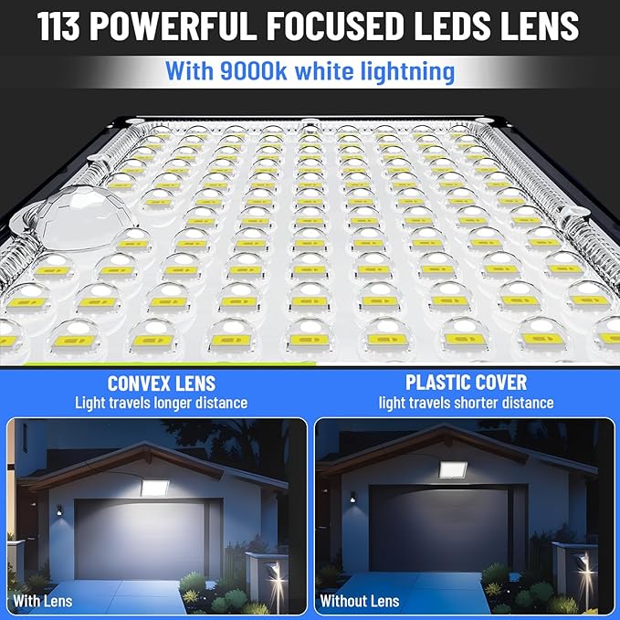 113 LED Solar Motion Light with 9000K Cool White, IP65 Waterproof, 5M Wire, Wide-Angle PIR Sensor, auto on/Off, Easy Install, Perfect for Yard, Patio, Porch, Wall, and Garden. 2-Year Warranty.
