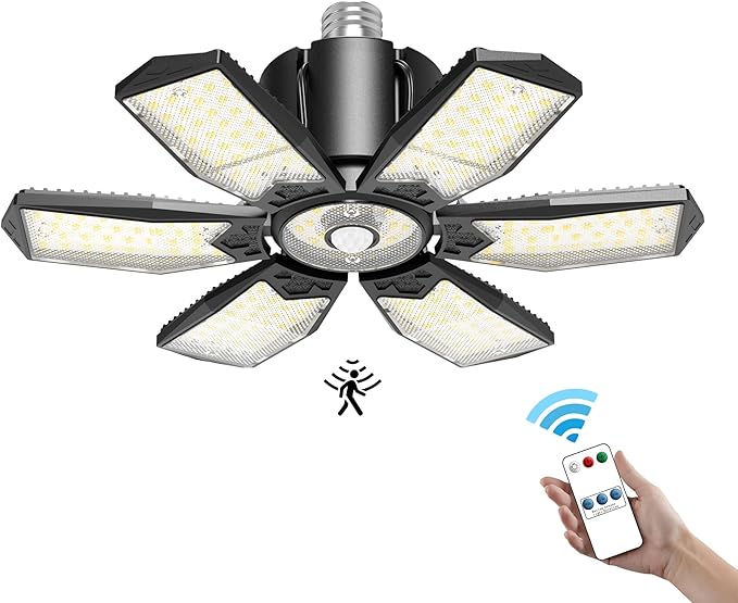 Motion Sensor Garage Light 200W 20000LM, Deformable LED Ceiling Light with Remote Control & Timer Setting - 6500K Motion Activated Light Indoor Bulb for Basement/Workshop