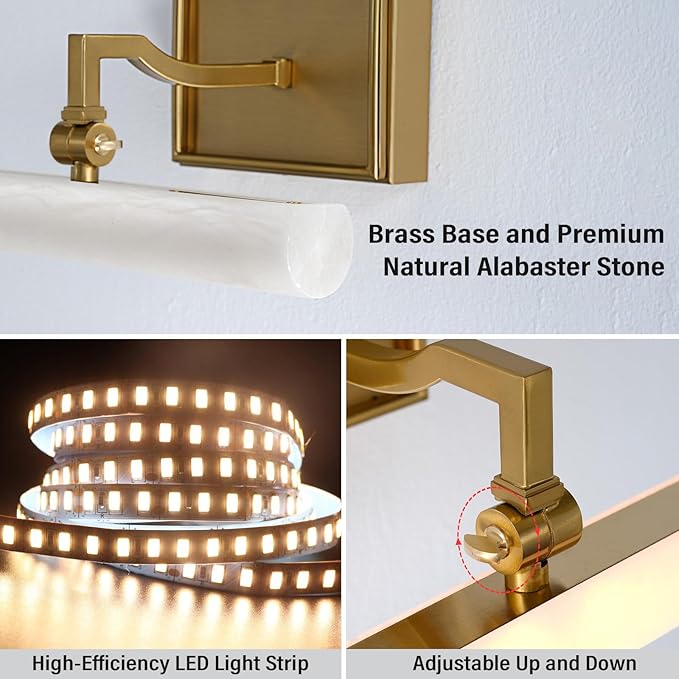 12" Alabaster Picture Light, Gold Hardwired Wall Sconce Bathroom Mirror & Paintings, Adjustable Vanity Light Natural Alabaster LED Light Fixture for Hallway Bedroom Living Room
