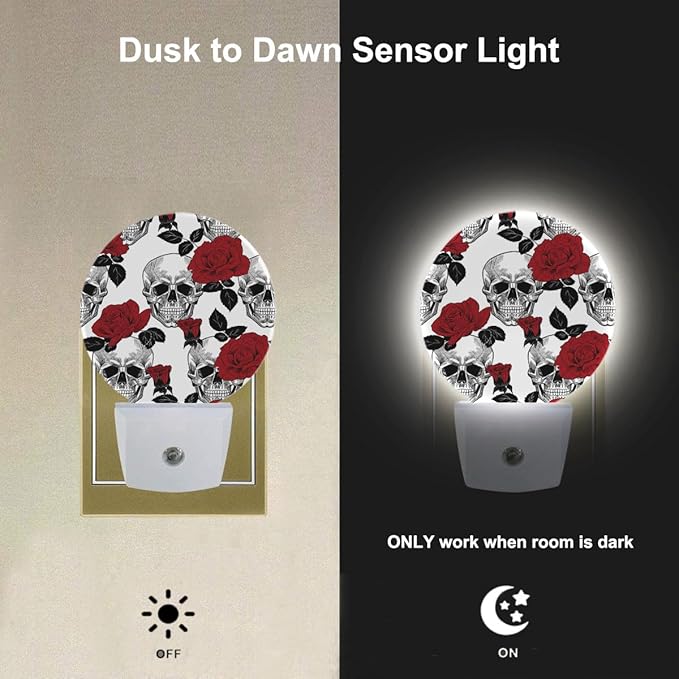 EKOBLA Halloween Decorative Night Light Red Rose and Skull Dead Head Vintage Night Lights Plug into Wall Dusk to Dawn Sensor for Men Women Boys Girls