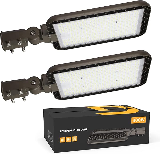 300W LED Parking Lot Lights 2Pack 45000lm Quick Installation Shoebox Light Slip Fitter Mount Dusk to Dawn Photocell Outdoor Commercial Street Area Lighting for Road, Playing Field, 120-277V