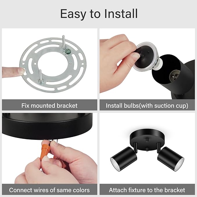 BoostArea LED 2 Light Track Lighting Kit, LED Track Lighting Fixtures, Black Round Ceiling Spot Lighting, Flexibly Rotatable Light Head for Kitchen, Living Room, Bedroom, GU10 Bulb Not Included
