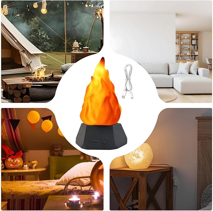 Flame Night Lamp, Rechargeable Campfire Light, 3 Mode Lamp with Flickering Glow Effect, Decorative with Sturdy Compact Design, Night Light, Soft Lighting for Children Nursery Bedroom Party Holiday
