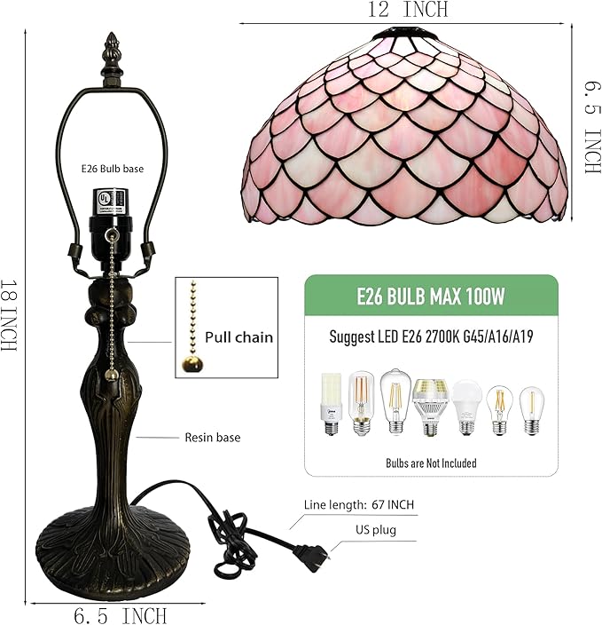 Tiffany Lamp Stained Glass Table Lamp 12” x 19” Pink Fish Scales Style Decorative Lamp Bedside Reading Lamp for Desk Living Room Bedroom Office Study Light Home Decor Gift
