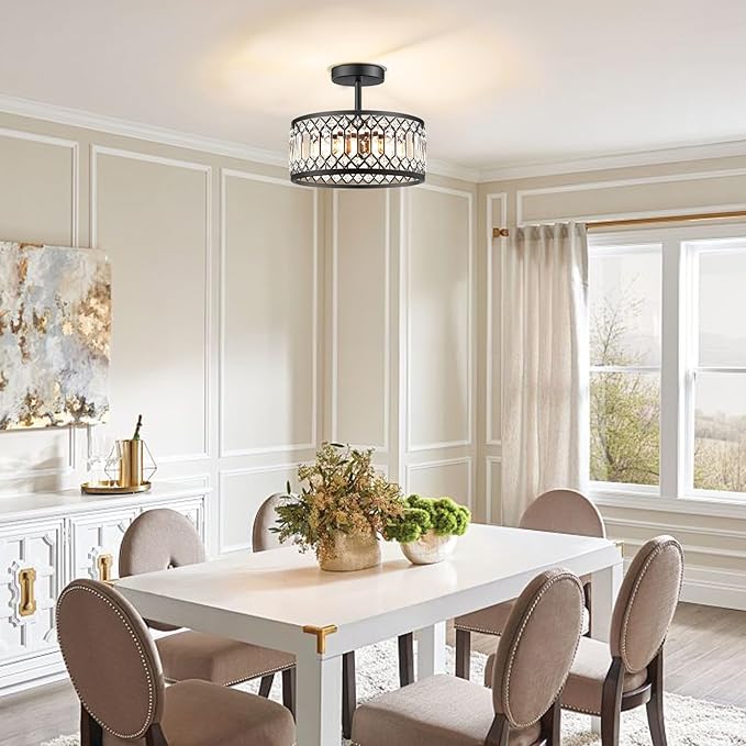 Crystal Ceiling Light Fixture, Modern Semi Flush Mount Ceiling Light, Round Hallway Lighting Fixtures Chandelier for Kitchen Entryway Bedroom Dining Room, 3-Light, 12 Inch