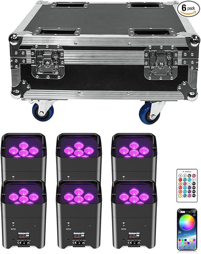 6LED Rechargeable Battery Powered Stage Lights with Case, Wireless Uplights for Events, RGBWA+UV 6in1 Par Lights DMX Control Uplights for Wedding DJ Live Show Party Event
