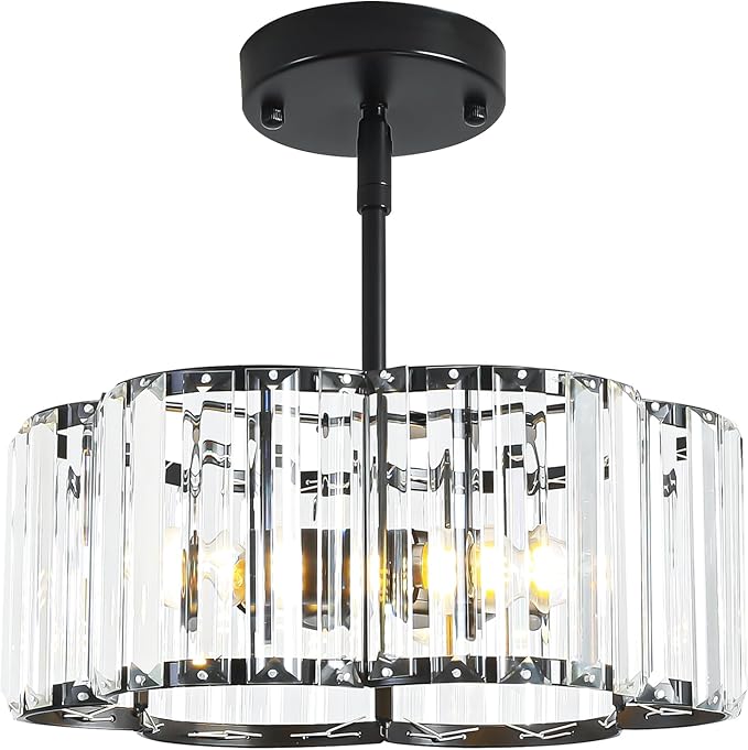Black Crystal Chandelier for Dining Room,Modern Semi Flush Mount Ceiling Light Fixtures,3-Ligh Round Kitchen Hanging Drum Pendant Light Fixture for Hallway Entryway Foyer Laundry Room, 12''