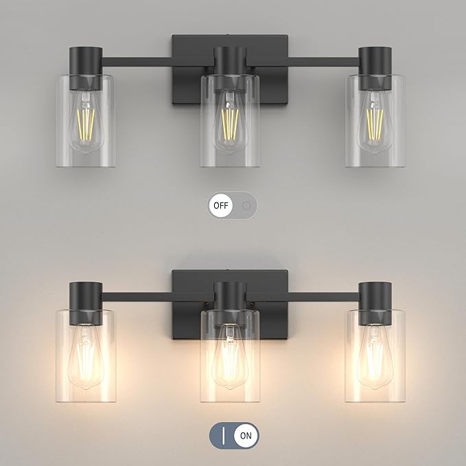 3-Light Matte Black Wall Sconces for Bathroom, Modern Vanity Light Fixtures Over Mirror, Bathroom Light Fixtures with Clear Glass Shade, E26 Wall Sconces for Living Room, Hallway