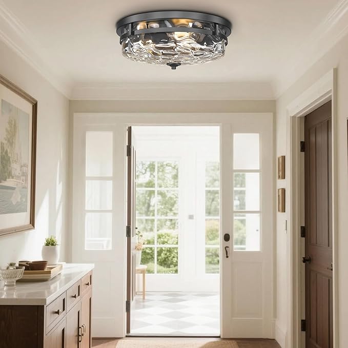 Flush Mount Ceiling Lights, Farmhouse Close to Ceiling Light, Entrance Ceiling Light Industrial Ceiling Lighting Fixture for Kitchen Hallway Living Room Stairwell (Black, 15" W)