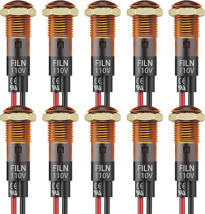 10PCS Small 110V LED Indicator Light, 8mm (5/16") IP67 Waterproof Low Power Pilot Lights Panel Mount for Car, Truck, Boat, Dash(10PCS Yellow LED)