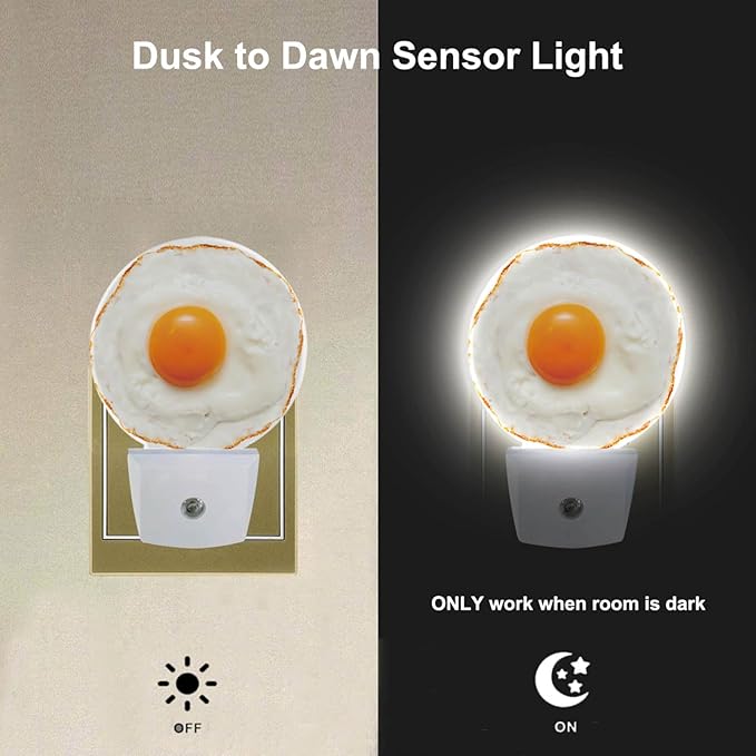 EKOBLA Fired Egg Funny Plug-in Nightlights Food Pattern Night Lights Plug into Wall Home Auto Sensor LED Dusk to Dawn Light for Bedroom Bathroom Kitchen Corridor