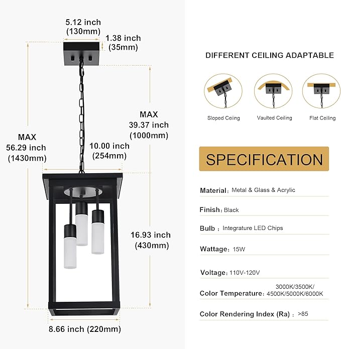 TODOLUZ Black Large 3-Light LED Outdoor Pendant Light with Frosted Coloum, Dimmable 5CCT Exterior Ceiling-Mount Porch Lighting for Foyer (3000K/3500K/4500K/5000K/6000K)