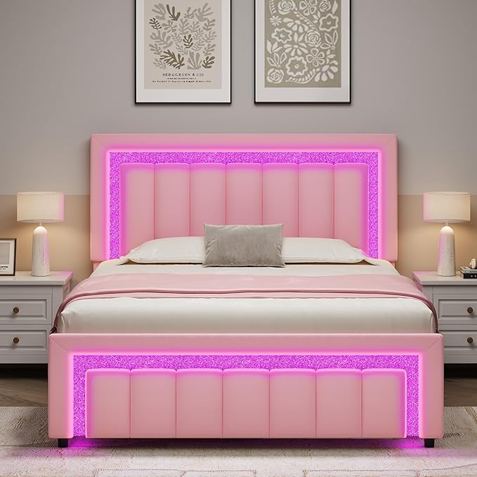 HOMBCK Queen Bed Frame with Velvet Upholstered Headboard and LED Lights, Queen Size Bed Frames with Modern Diamond Headboard Adjustable, Wooden Slats Support, Noise Free, No Box Spring Needed, Pink