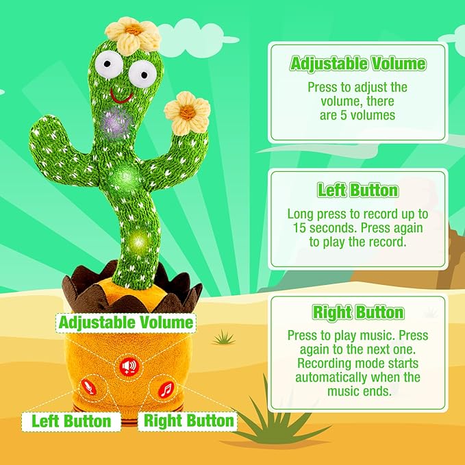 Ayeboovi Dancing Talking Cactus Baby Toy, Mimicking Recording Toy Repeats What You Say (Volume Adjustable Flowering Cactus)