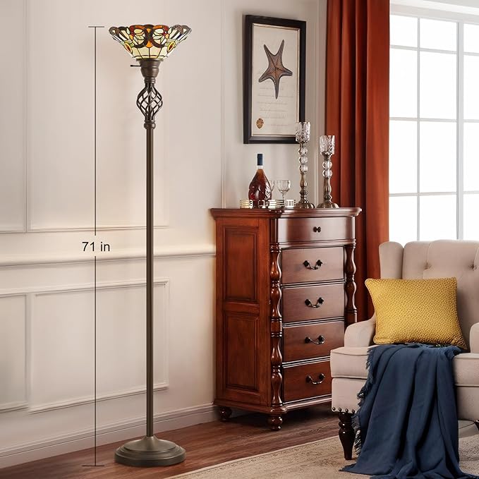 GyroVu Tiffany Floor Lamp, Torchiere Floor Lamps with Stained Glass, 71 Inch Tall Floor Standing Reading Light for Living Room Corner Bedroom Home Office, Bulbs Included