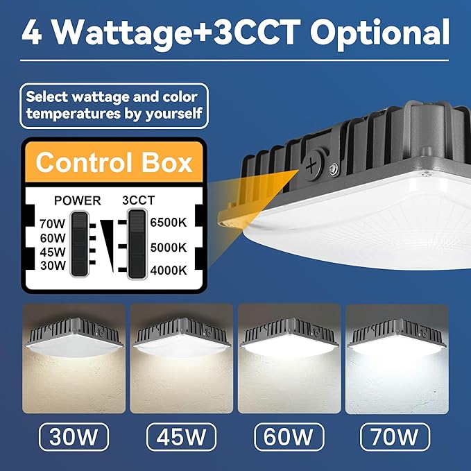 LED Canopy Light 70W 10500LM, Selectable Wattage 30/45/60/70W, 3CCT 4000/5000/6500K, LED Canopy Lights Outdoor for Gas Station, Carport, Garage, Shop, IP65 Waterproof, 0-10V Dim, 100-277V, ETL Listed