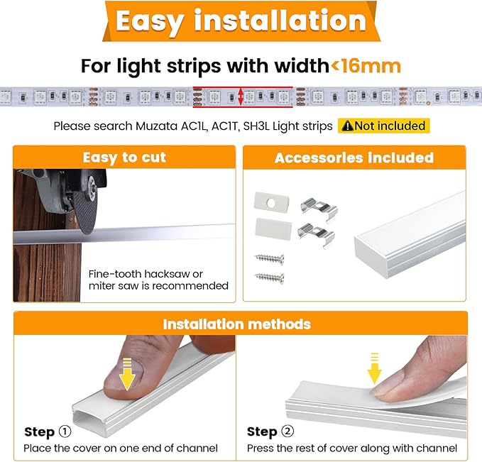 Muzata 20Pack 6.6FT/2M Wider LED Channel Silver Aluminum LED Strips Diffuser Channel with Milky White Cover U102 WW 2M