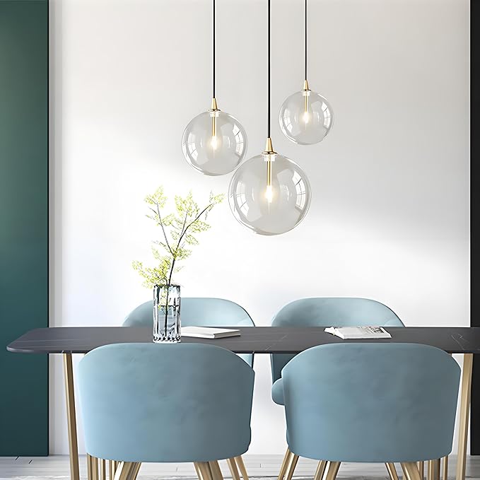Minimalist Transparent Glass Ball Pendant Light in Gold Finish, Height Adjustable G4 LED Ceiling Haning Light for Dining Room & Living Room (15CM)