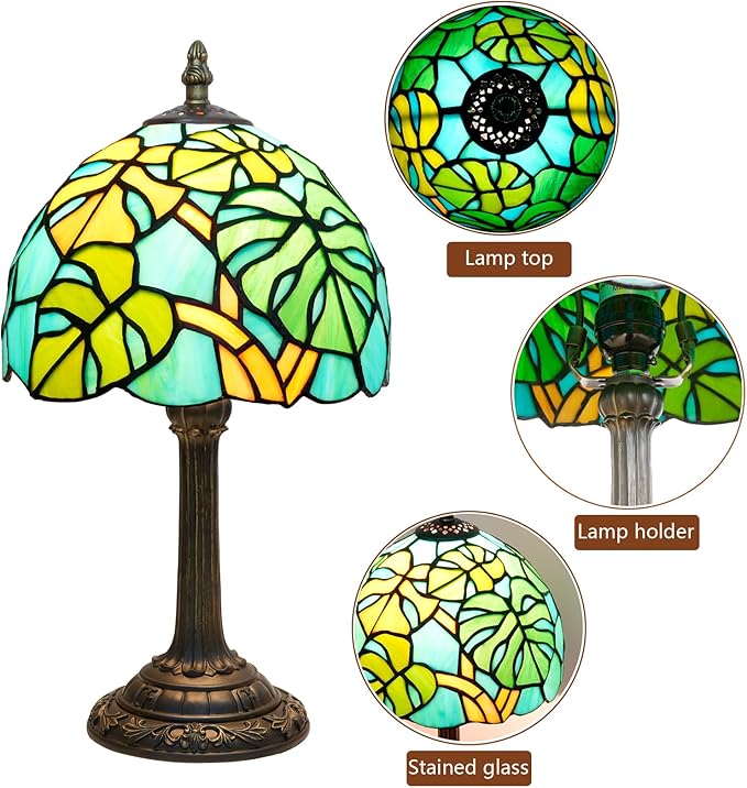 Tiffany Lamp Monstera Deliciosa Stained Glass Table Lamp Handmade Green Monstera Swiss Cheese Plant Bedside Desk Light Unique Cute Accent Nightstand Light for Home Office Dormitory Bar Decorate