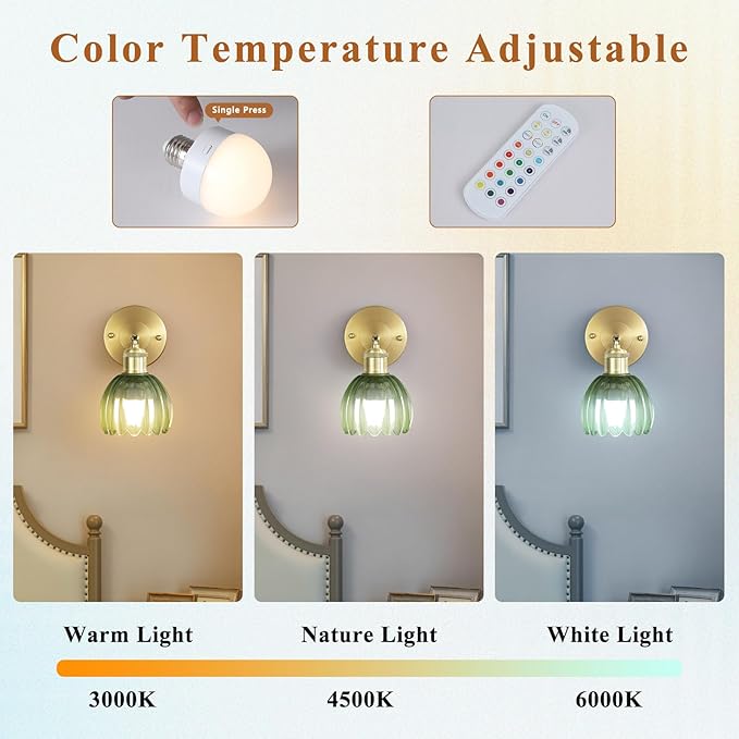 Vintage Battery Operated Wireless Wall Sconces, Rechargeable Gold Wall Lights，Green Tulip Glass Lampshad With Remote Dimmable Wall Lighting Indoor, Led Wall Lamp Fixtures For Bedroom, Living Room