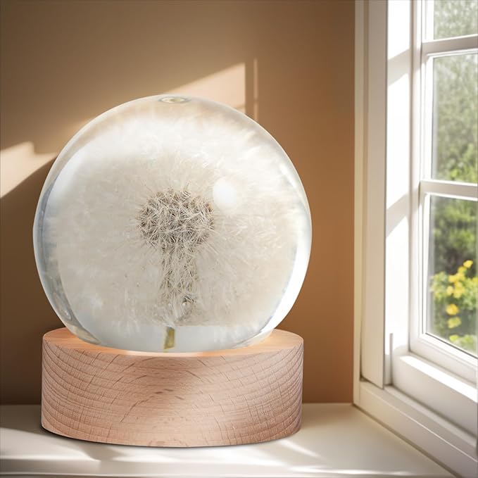 Dandelion Lamp,2.4-Inch Flower Crystal Ball Night Light, Real Dandelion Inside with Wood Base, Warm Bedroom Glow (Whiete Dandelion)