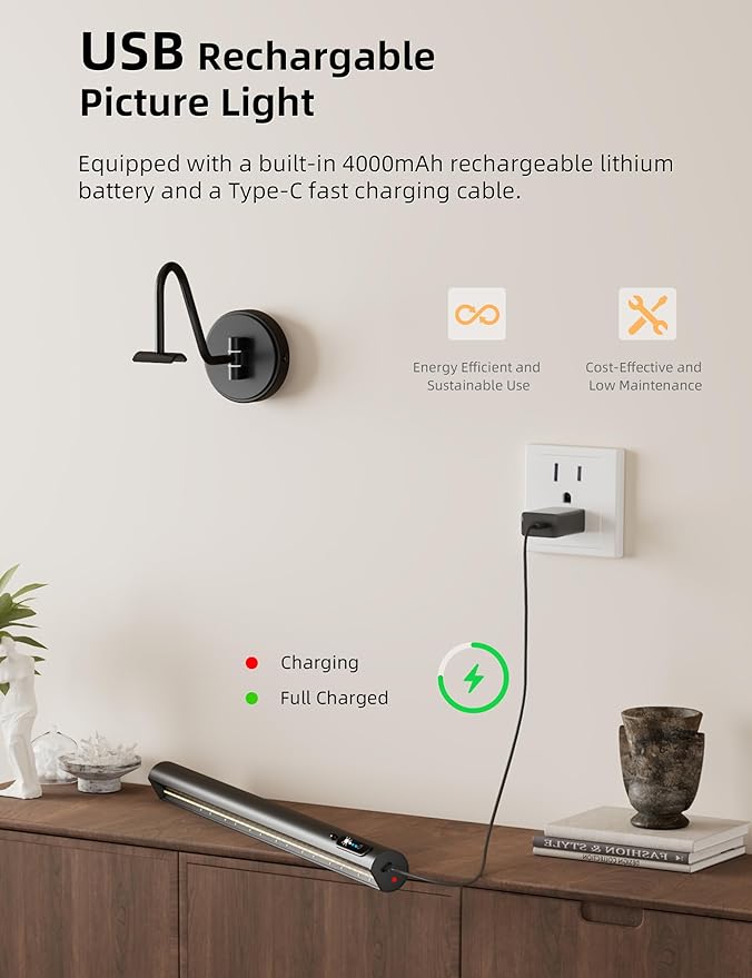 VOLISUN Picture Lights for Wall, 15.7'' Rechargeable Picture Light Battery Operated, 3 Color Temps Cordless Picture Light with Remote, Magnetic Art Light for Painting, Gallery, Portrait, 2 Pack(Black)