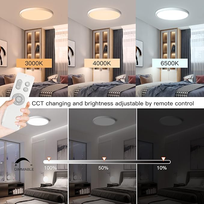 Roomratv Flush Mount Ceiling Light Fixture 2 Pack with Remote Control, Nightlight Warm 3000K, 12inch 28W Round Modern Ceiling Light, 3 Light Color Changeables, Brightness(10% to 100%) Adjustable