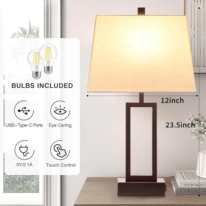 Touch Control Table Lamps Set of 2, Modern Brown Bedside Lamps with USB A+C Ports & AC Outlet, 3 Way Dimmable Contemporary Nightstand Lamps for Bedroom Living Room(LED Bulb Included)