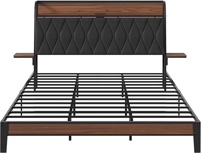 WLIVE King Size Bed Frame with Headboard, Upholstered Bed Frame with 2 Storage Shelves, Platform Bed with LED Lights and Charging Station, 1500LBS Mattress Foundation, No Box Spring Needed, Black