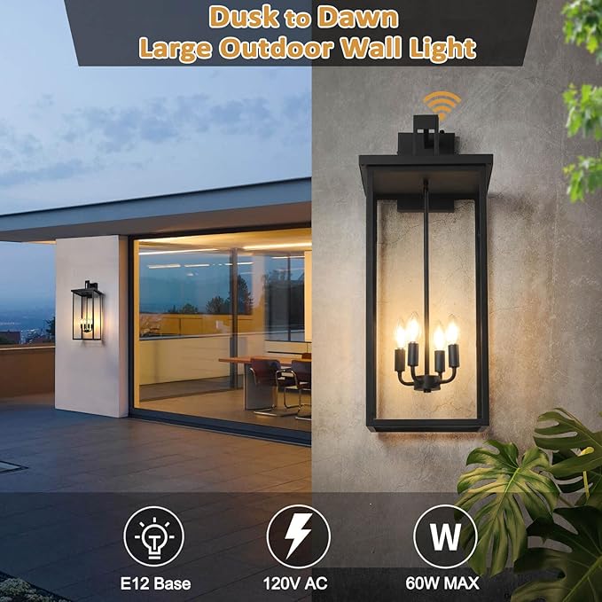 tewei 26in Large Size Dusk to Dawn Outdoor Wall Lights, Matte Black Exterior Lighting Fixtures, Modern Outdoor Porch Lights for House with Clear Shade, Outdoor Wall Sconce Light for Garage(1 Pack)