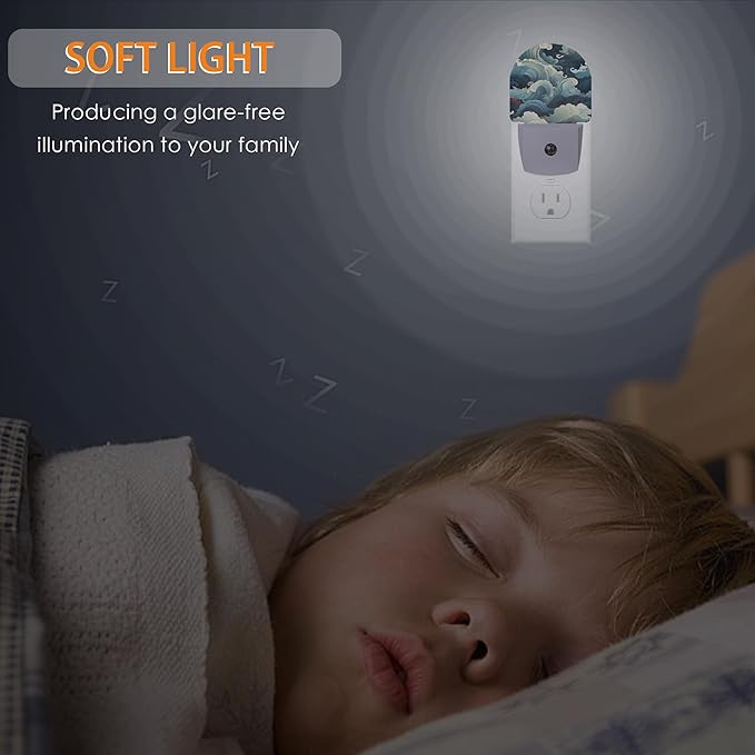 Japanese Style Waves Night Light,Blue Night Lights Plug into Wall with Dusk to Dawn Sensor,Lamp for Bedroom Bathroom Hallway Nightlight for Women Girls