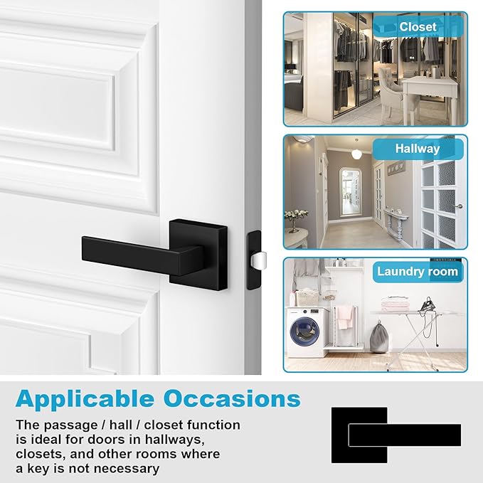 Estmoon 2 Pack Passage Door Levers, Matte Black Door Knobs Interior Square Door Handles, Heavy Duty Non-Locking Leversets Hall Closet Handles, Reversible for Right & Left Sided Doors