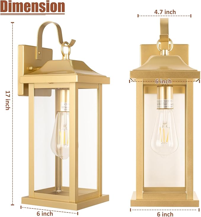 17 Inch Large Gold Outdoor Sconces Wall Lighting 2-Pack, Exterior Light Fixtures IP65 Waterproof Anti-Rust, Brass Porch Lights Clear Glass Outdoor Coach Lanterns Outside Wall Mounted Lamps