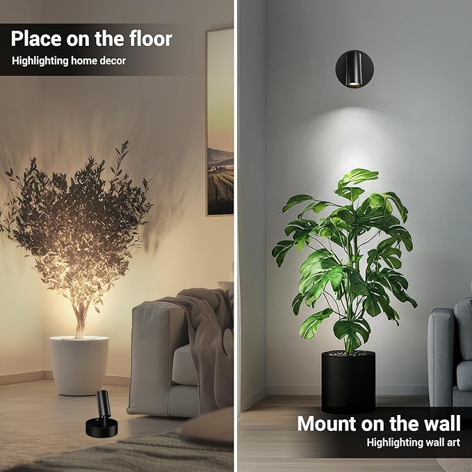 Spotlight Indoor, Wireless Uplighting Indoor with Remote Dimmable, 350° Rotate, Battery Powered Ceiling Spotlight for Artwork Christmas Tree Plant Painting Picture Lights, 2 Pack