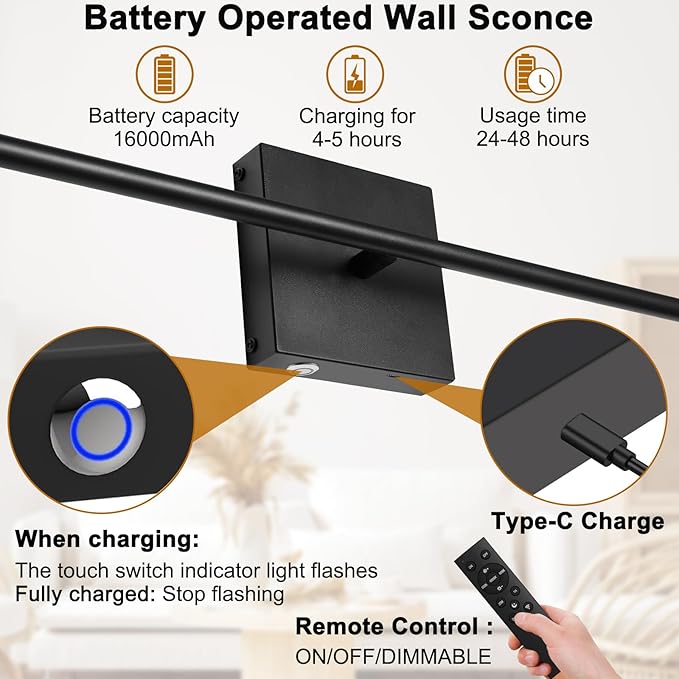 Battery Operated Wall Sconces Set of Two, Dimmable Wall Sconce with Remote Control, Rechargeable LED Wireless Wall Light for Bedroom, Living Room, Hallway, 350° Rotate, 26.7 Inch, Black(2 Pack)