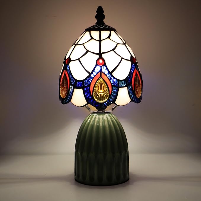 Tiffany Lamp Stained Glass Mushroom Table Lamps 6X6X12.5 Inch Pink Peacock Tail Style Small Night Light Ceramic Base Mini Accent Desk Light Suitable for Bedside Table Bedroom Children Room