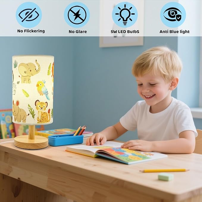 Kids Table Lamp-Night Light for Boys Room,3-Color LED Desk Lamp with Baby Elephant Zebra Giraffe Tiger Pattern Bedside Lamp Safari Animal Lampshade and Wood Base for Living Nursery Child Room Study