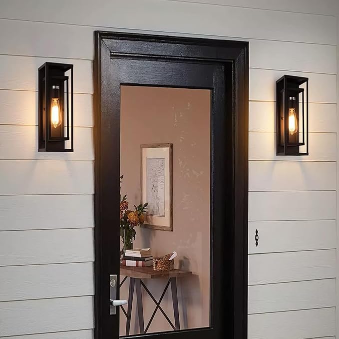 2Pack 18inch Outdoor Wall Light Fixtures,Exterior Waterproof Lanterns,Porch Sconces Wall Mounted Lighting with E26 Sockets & Glass Shades,Modern Matte Black Wall Lamps for Patio Front Door Entryway