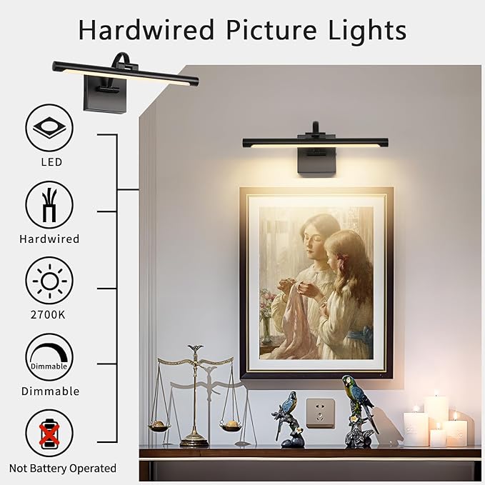Black Picture Lights for Wall Dimmable Art Lights for Paintings Hard-Wired LED Painting Light Gallery Light for Portrait, Artwork, Frame 15.75 Inch 7W Warm White