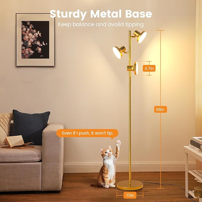 36W LED Tree Floor Lamp, Modern Dimmable Standing Lamp with Remote & Touch Control, 4 Color Temperatures, 3 Rotatable LED Light Floor Lamps for Living Room, Bedroom, Office