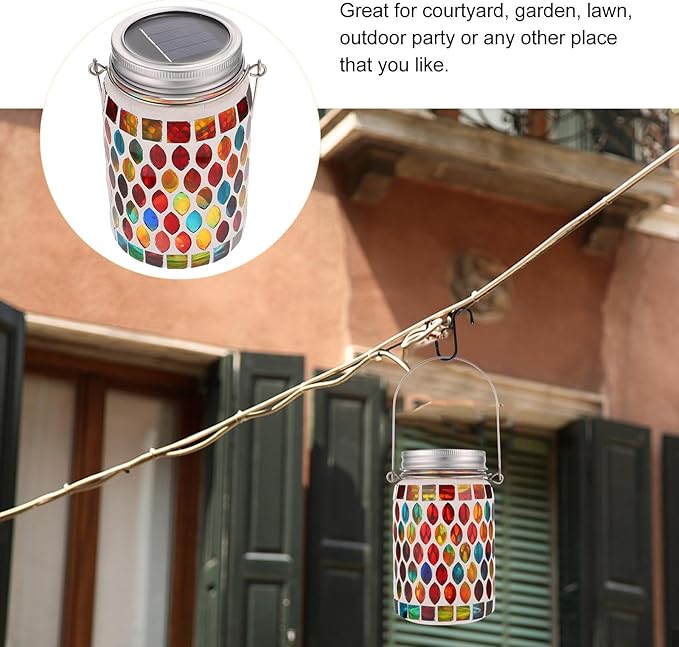 Happyyami Solar Mosaic Garden Lantern Outdoor Solar Table Lamp for Patio Lawn Hanging Decorative Jar