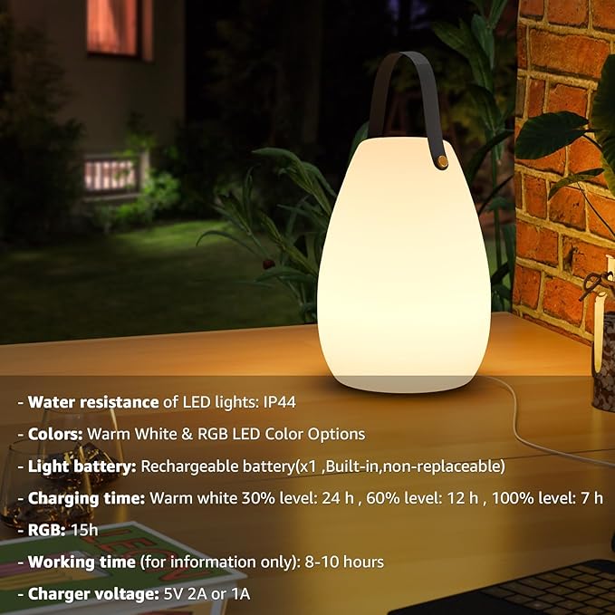 uuffoo Portable Outdoor Table Lamp - Dimmable Rechargeable Night Lights w/Remote and 7 RGB Colors, IP44 Water-Resistant Hanging Lantern for Patio, Tent, Bedroom, Garden, Emergency
