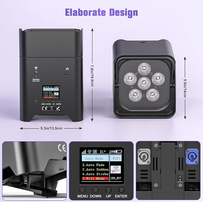 Rechargeable Battery Powered Stage Lights, 6-in-1 RGBWA+UV, 108W 9600mAh 6LED Par Lights DMX/APP/Remote/Strobe Wireless Uplights for Events Church Wedding DJ Live Show Party Christmas(1 Pack)