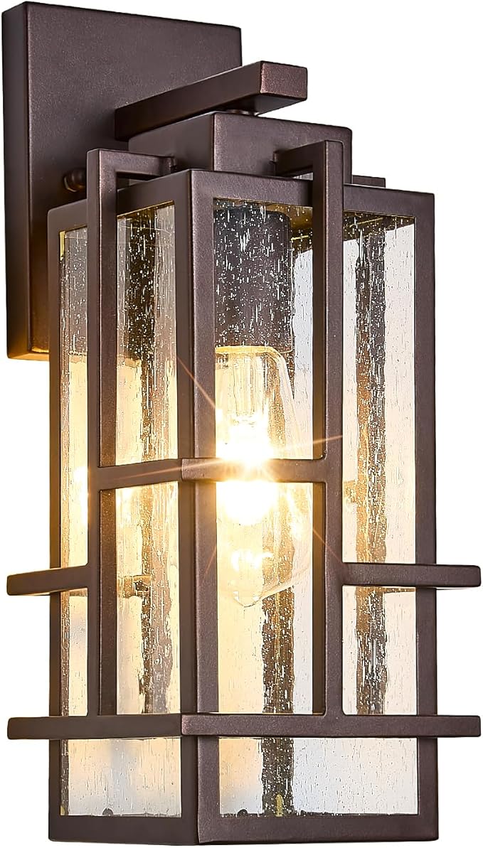 Outdoor Wall Light Fixture with Seeded Tempered Glass, Large Waterproof Outside Wall Coach Lantern with E26 Sockets, Brown Porch Sconces Lamp for House, Patio, Garage