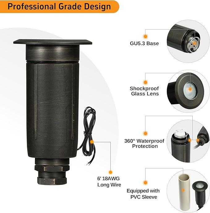 Gardenreet Brass Well Lights Low Voltage, 12V Flush Mount In Ground Landscape Lights with 2.5W 225LM MR8 LED Bulb and PVC Sleeve, IP65 Waterproof Landscape Well Light for Deck and Pathway, 6-Pack