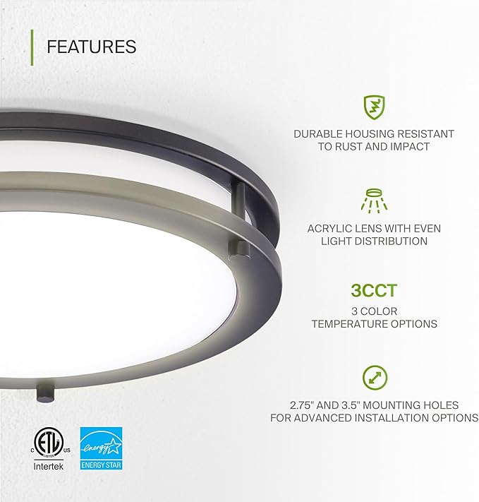 ASD LED 16" Round Flush Mount Lighting, Close to Ceiling Light Fixture | 3CCT, Dimmable, Energy Star, ETL Listed | 24W 1900LM 3000-5000K 120V | Low Profile Double Ring Lamp | Dark Bronze