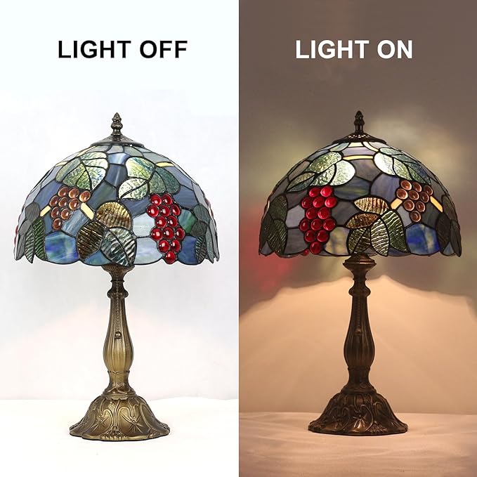 Stained Glass Table Lamp,12x12x19 Inch Antique Table Lamp for Tiffany Style Bedroom、Living Room、Home、Office Decor Lamp (Grape)