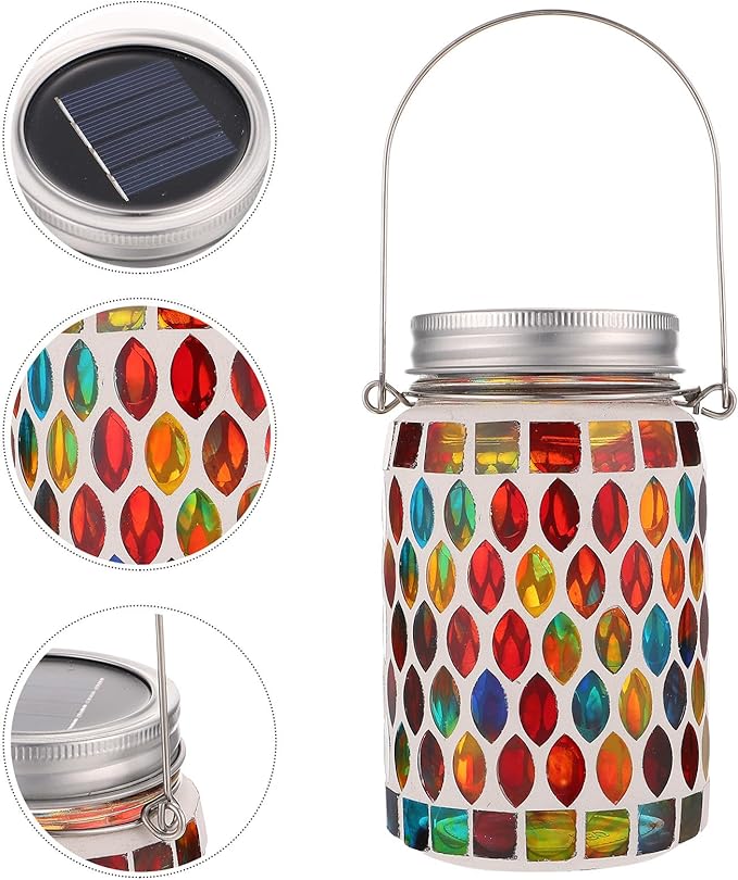 Happyyami Solar Mosaic Garden Lantern Outdoor Solar Table Lamp for Patio Lawn Hanging Decorative Jar