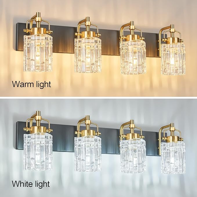 Modern 4-Light Vanity Light with Crystal Glass Shade - Black Gold Bathroom Light Fixture